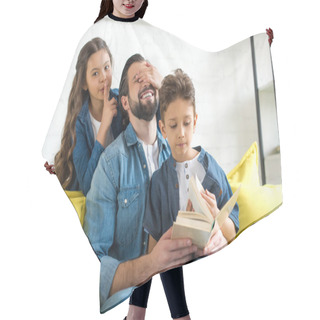 Personality  Happy Father With Cute Little Children Reading Book Together At Home Hair Cutting Cape