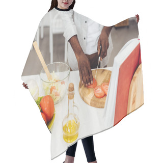 Personality  African American Man Slicing Tomatoes On Wooden Chopping Board  Hair Cutting Cape