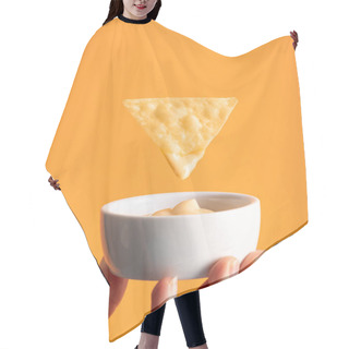 Personality  Cropped View Of Woman Holding Cheese Sauce In Bowl Under Crispy Corn Nacho Isolated On Orange, Mexican Cuisine Hair Cutting Cape