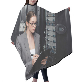Personality  Businesswoman In Glasses Holding Clipboard While Writing In Data Center  Hair Cutting Cape