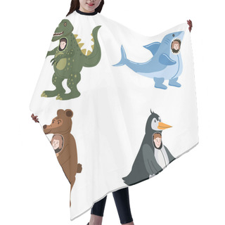Personality  Set Actors In Animal Dinosaur, Shark, Bear, Penguin Costume. Theme Party, Birthday Kid, Children Animator, Entertainer Wearing Performer Character For Holiday Masquerade, Carnival. Vector Cartoon Flat Hair Cutting Cape