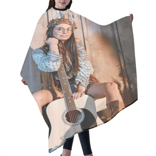 Personality  Hippie Girl Posing With Acoustic Guitar Hair Cutting Cape