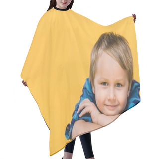 Personality  Portrait Of Smiling Little Boy In Shirt Looking At Camera Isolated On Yellow Hair Cutting Cape