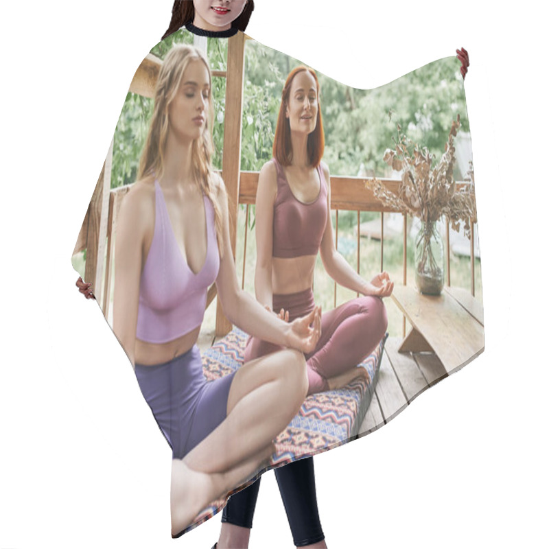 Personality  Girlfriends In Sportswear, With Closed Eyes, Meditating In Lotus Pose In Cozy Patio Hair Cutting Cape