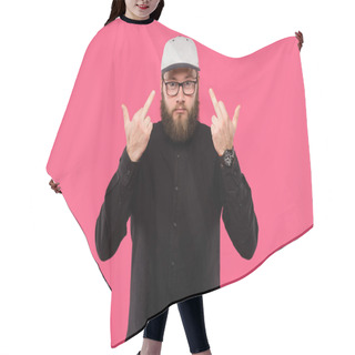 Personality  Stylish Bearded Man In Eyeglasses Showing Middle Fingers Isolated On Pink Hair Cutting Cape