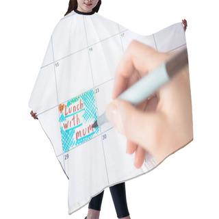Personality  Cropped View Of Woman Pointing With Marker Pen On Lunch With Mum Lettering In To-do Calendar On Wooden Background Hair Cutting Cape