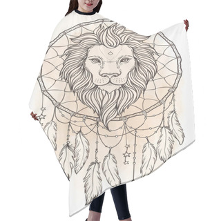Personality  Ornate Lion Head Over Dream Catcher. African, Indian, Totem, Tattoo, Sticker Design. Design Of T-shirt. Vector Isolated Illustration In Vintage Colors. Zodiac Sign Leo. Hair Cutting Cape
