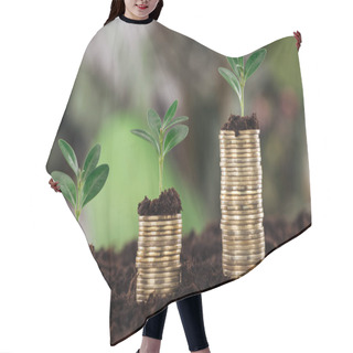 Personality  Selective Focus Of Arranged Golden Coins With Green Leaves And Soil, Financial Growth Concept Hair Cutting Cape
