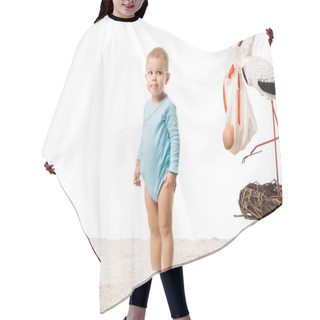 Personality  Cute Toddler Boy In Blue Bodysuit Standing On Carpet Near Big Decorative Stork In Nest Isolated On White Hair Cutting Cape