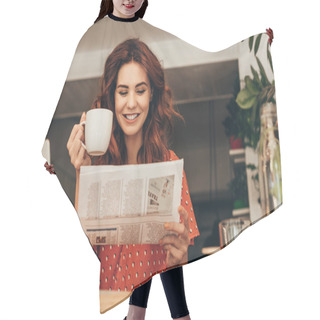 Personality  Portrait Of Smiling Woman With Cup Of Coffee Reading Newspaper At Table With Laptop In Coffee Shop Hair Cutting Cape