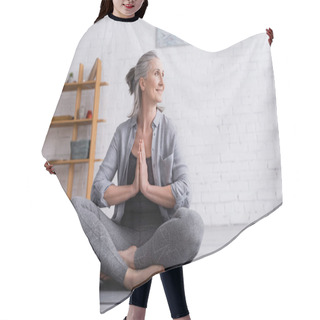 Personality  Happy Mature Woman With Grey Hair Sitting With Praying Hands In Lotus Pose On Yoga Mat Hair Cutting Cape