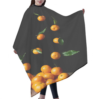 Personality  Tasty Orange Tangerines With Green Leaves Falling On Wooden Table Isolated On Black Hair Cutting Cape