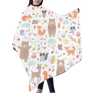 Personality  Seamless Childish Pattern With Woodland Animals. Cute Deer, Bear, Raccoon, Fox, Bunny, Squirrel, Owl. Funny Characters. Creative Scandinavian Kids Texture For Fabric, Wrapping, Textile Hair Cutting Cape