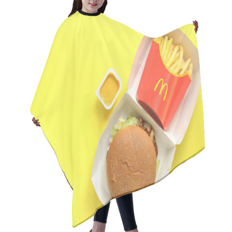 Personality  Kyiv, Ukraine - August 10, 2023: Rye Burger With Beef, Medium Portion Of French Fries And Mustard, Top View. Bright Yellow Background. McDonald's Corporation Is The World's Largest Fast Food Restauran Hair Cutting Cape