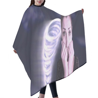 Personality  Digital Composite Of Tornado Twister Painted And Dark Sky With Anxious Scared Woman Hair Cutting Cape