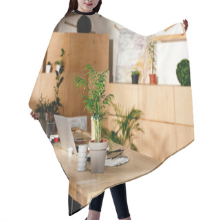 Personality  Interior Of Artist Studio With Painting Supplies, Laptop And Potted Plants On Wooden Table  Hair Cutting Cape