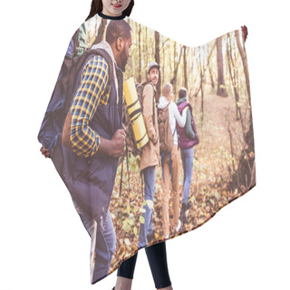 Personality  Young Backpackers In Autumn Forest Hair Cutting Cape
