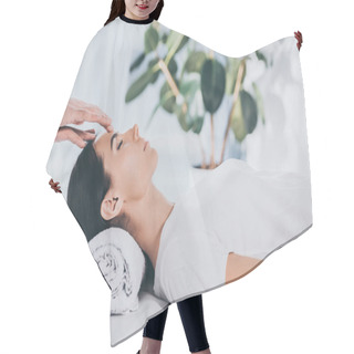 Personality  Side View Of Calm Young Woman With Closed Eyes Receiving Reiki Treatment On Head Hair Cutting Cape