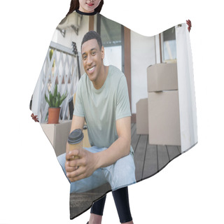 Personality  Joyful African American Man Holding Takeaway Coffee Near Carton Boxes On Porch Of New House Hair Cutting Cape