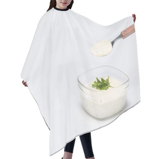 Personality  Traditional Greek Tzatziki Sauce With Spoon On White Background Hair Cutting Cape