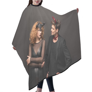 Personality  Beautiful Couple Posing In Halloween Costumes On Black Hair Cutting Cape