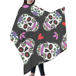 Personality  Seamless Texture With Mexican Skulls, Hearts, Flowers. Vector Image On A Black Background. Hair Cutting Cape