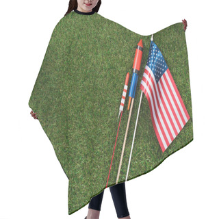 Personality  Flat Lay With American Flagpole And Fireworks On Green Grass, Americas Independence Day Concept Hair Cutting Cape