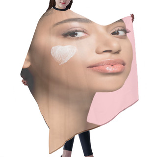 Personality  Portrait Of African American Girl With Heart Of Cream Of Cheek, Isolated On Pink   Hair Cutting Cape