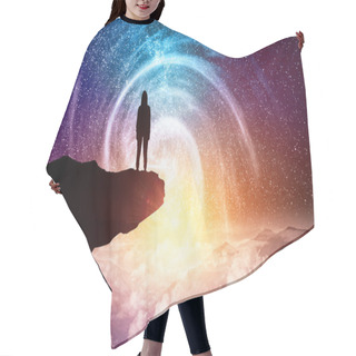 Personality  Rear View Of Backlit Hacker Standing On Beautiful Cloudy Starry Sky Space Background. Freedom And Attack Concept  Hair Cutting Cape