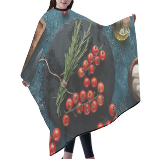 Personality  Red Tomatoes With Herbs And Bread On Dark Blue Table Hair Cutting Cape