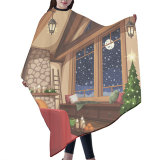 Personality  Vector Christmas Cozy Chalet Interior With Big Window, Wooden Beams, Fireplace, Christmas Tree, Sofa And Snowfall Outside. Hair Cutting Cape