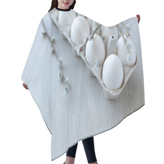 Personality  White Chicken Eggs In An Open Cardboard Box On A Light Background Decorated With Willow Branches With Soft White Buds. A Dozen Eggs In Eco-friendly Packaging. Healthy Organic Food And Diet Concept. Ea Hair Cutting Cape