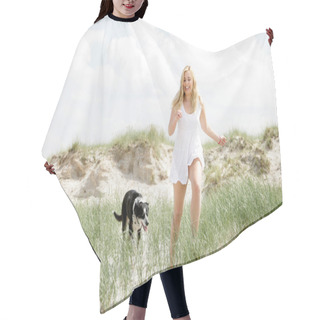 Personality  Young Blonde Woman With Dog Hair Cutting Cape
