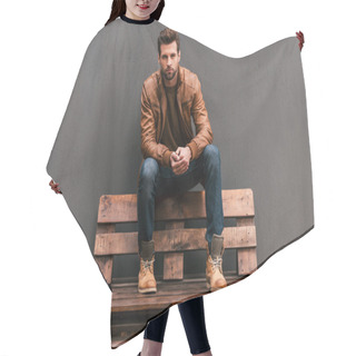 Personality  Handsome Man Sitting On The Wooden Pallet Hair Cutting Cape