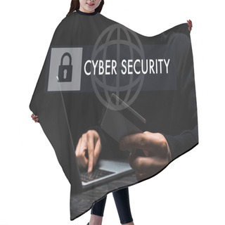 Personality  Selective Focus Of Hacker In Mask Using Laptop While Holding Credit Card Near Cyber Security Lettering On Black  Hair Cutting Cape