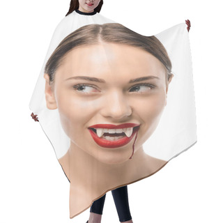 Personality  Smiling Naked Girl With Red Lips, Vampire Fangs And Blood On Face Looking Away Isolated On White Hair Cutting Cape