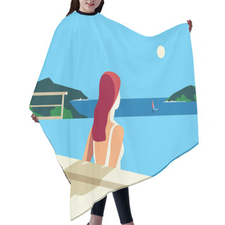 Personality  Girl Relax In Swimming Pool On Seaside Flat Vector. Sea Scenic View Hand Drawn Pop Art Retro Style. Holiday Vacation Season Travel Leisure Cartoon. Tourist Resort Trip Rest Background Illustration Hair Cutting Cape