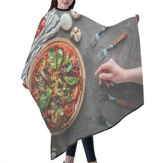 Personality  Cropped Shot Of Woman Reaching For Piece Of Pizza Hair Cutting Cape