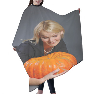 Personality  Pretty Blonde Woman In A Costume Of Witch Posing With Pumpkins Hair Cutting Cape