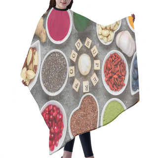 Personality  Superfood As Acai, Turmeric, Matcha, Seeds, Blueberry, Goji, Ginger, Grapefruit, Mushrooms, Pomegranate And Nuts On Dark Concrete Background Vegan Food Concept Top View Hair Cutting Cape