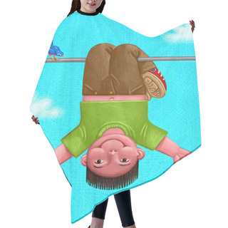 Personality  Illustration Of Kid Hanging Upside Down Hair Cutting Cape