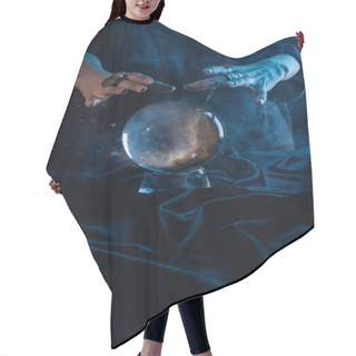 Personality  Cropped View Of Witch Performing Ritual With Crystal Ball On Dark Blue Hair Cutting Cape