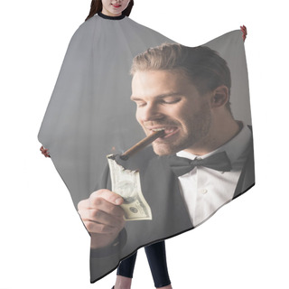 Personality  Wealthy Businessman Lighting Cigar With Hundred Dollar Banknote On Grey Background With Smoke Hair Cutting Cape