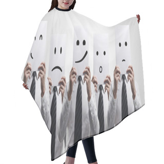 Personality  Five Business Men Holding A Card With Emotional Face. Hair Cutting Cape