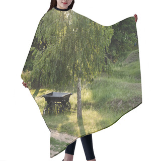 Personality  Wooden Cart On Green Grass Under Birch On Sunny Summer Day Hair Cutting Cape