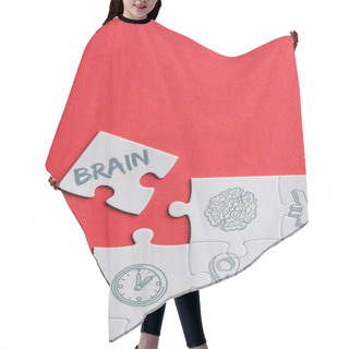 Personality  Top View Of Unfinished White Puzzles Near Separate Piece With Brain Lettering Isolated On Red  Hair Cutting Cape