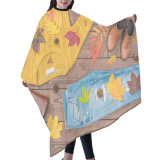 Personality  Women's Autumn Outfit On Wooden Background Hair Cutting Cape
