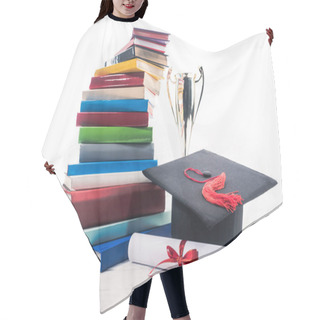 Personality  Graduation Hat With Diploma And Trophy Cup By Stack Of Books Hair Cutting Cape