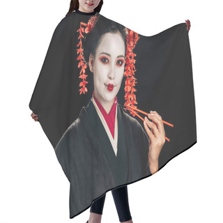 Personality  Smiling Beautiful Geisha In Black Kimono With Red Flowers In Hair Holding Chopsticks Isolated On Black Hair Cutting Cape