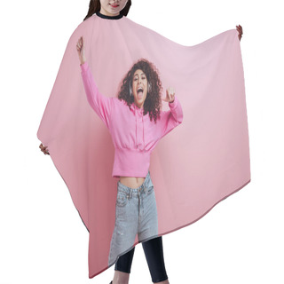 Personality  Excited Mixed Race Girl Dancing And Singing While Listening Music In Wireless Headphones On Pink Background Hair Cutting Cape
